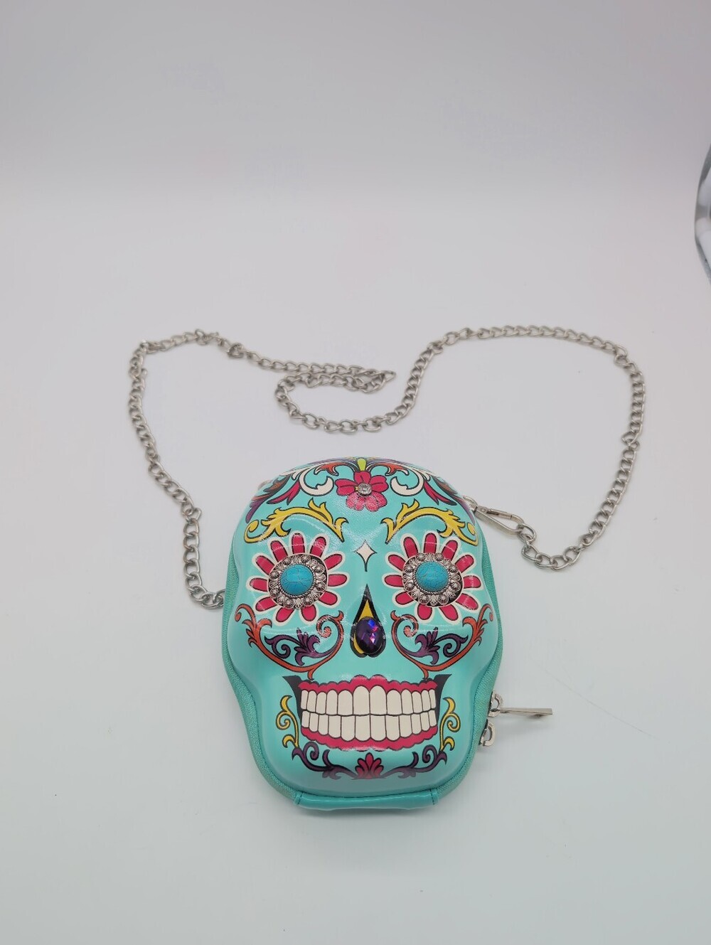 Cowgirl Trendy Turquoise Sugar Skull Crossbody Bag with Chain Day Of The Dead
